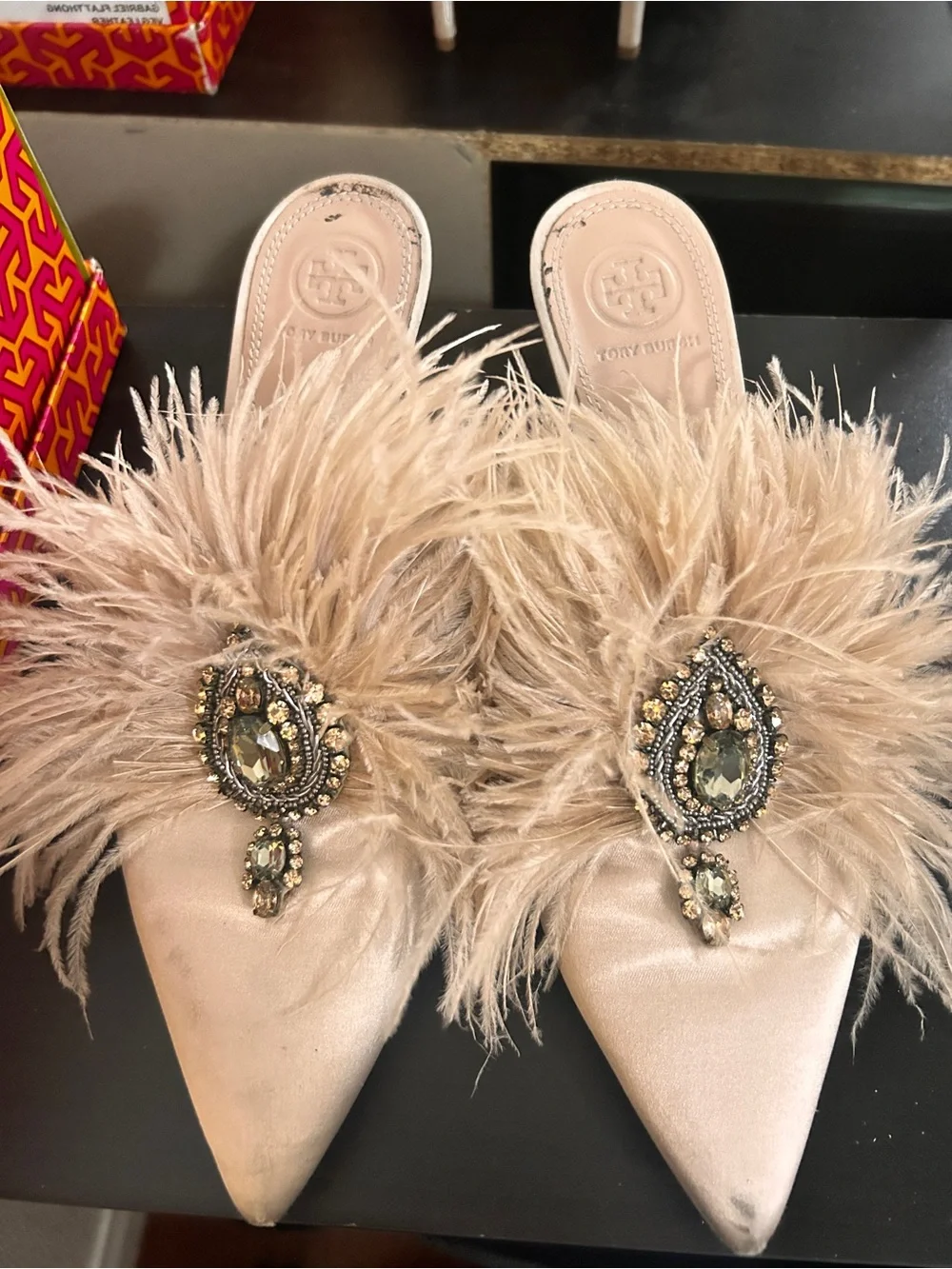 Tory Burch Champagne Feather Jeweled Pointed Mules